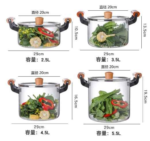 Thickening Borosilicate Glass Stovetop Cooking Pot Glass Saucepan Casserole with Wooden Handle