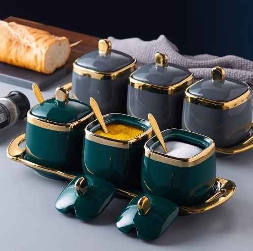 Kitchen Seasoning Ceramic Container Spice Jar Nordic Household Sugar Salt Bowls Tray Set Condiment Pot Seasoning Box Set