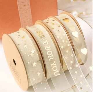 Handmade Wholesale Floral 10yards Gift Wrapping Gold Foiled Printed Organza Ribbon