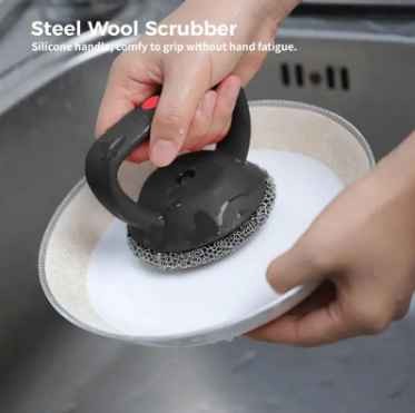 Stainless Steel Dense Mesh Scraper Brush Dish Cleaner with Anti-Slip Silicone Handle Upgrade Metal Cleaning Brush for Cookware