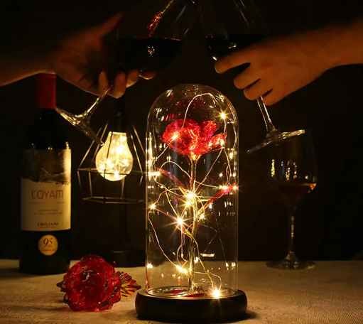 Valentines day gift artificial flowers plastic dried flowers glass dome with led light