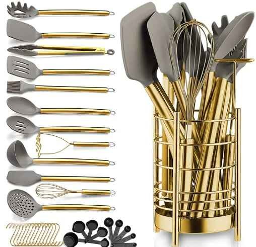 Custom silicone kitchen tools stainless steel home kitchen chef cook gold color utensils silicone kitchen cooking utensils set