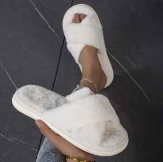 Fashion Home Cross Strap Pantoufle Pour Femmes Peluche Indoor House Plush Faux Fuzzy Fur Fluffy Winter White Slippers