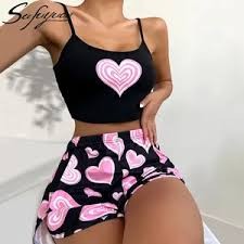 SFY-Y976 New Arrival Women'S Clothing Love Print Halter Top + Shorts Set Fashion Casual Home Wear 2-Piece Women'S Pajamas Set