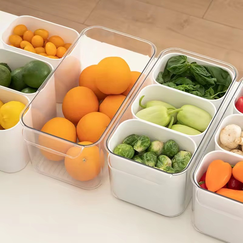 BPA free best selling reusable Multifunctional three part Dividing clear pantry refrigerator organizer storage bins with handle