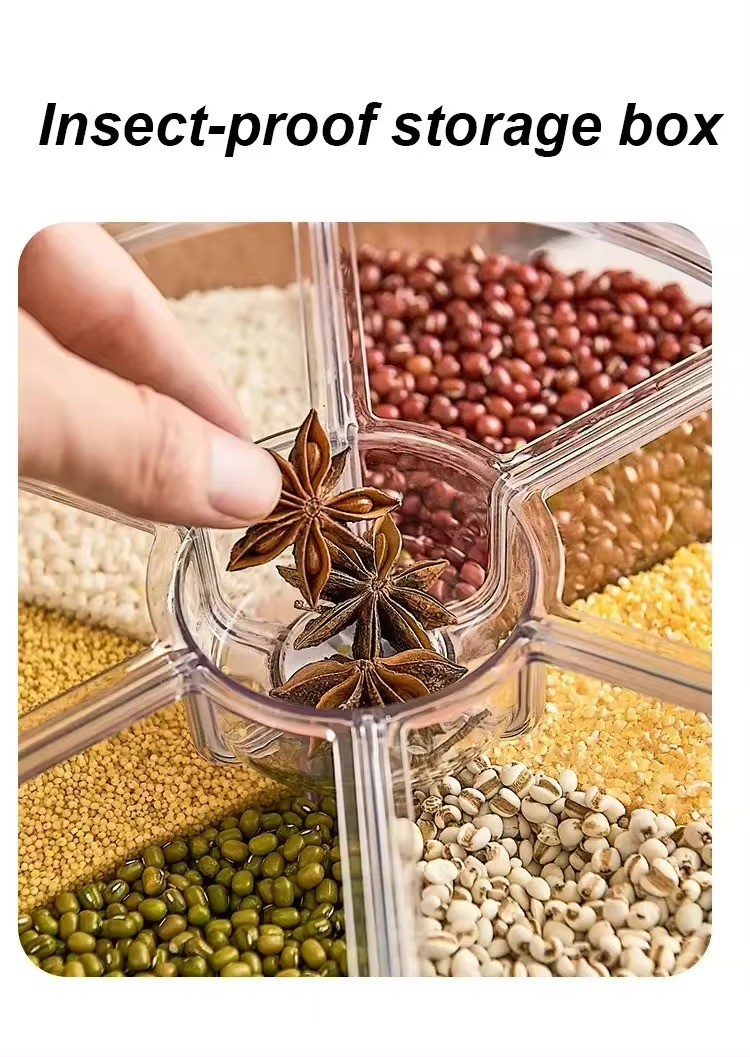6-Grid 360 Rotating Dry Food Cereal Dispenser White, Grain Dispenser for Rice Storage Kitchen Corn BPA-Free