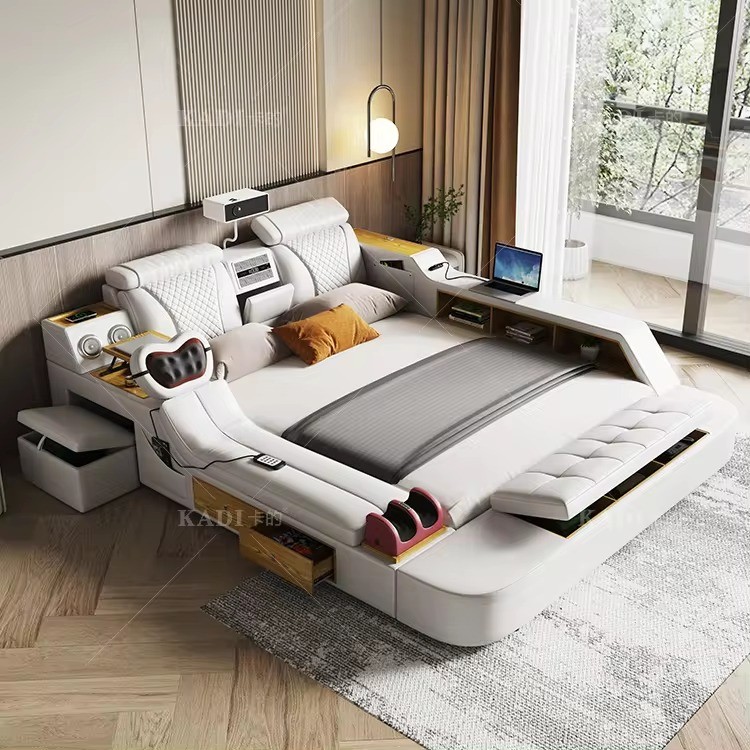 2024 Designs Modern Luxury Genuine Leather Tatami Smart Bed King Size Deluxe Solid Wood Frame with HD Projector Massage Recliner