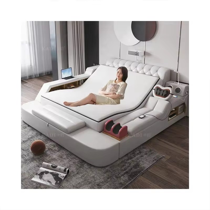 2024 Modern Luxury Electric Mattress Multi-fucntional Genuine Leather Tatami Smart Bed King Deluxe Bed with HD Projector Massage