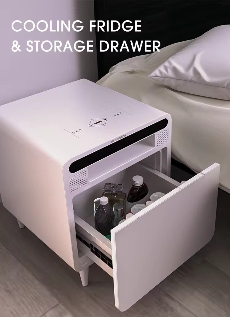 High End Modern Cheap Wooden Dual Drawers Big Refrigerator Motion Sensor LED Light Smart Bedside Table Nightstand