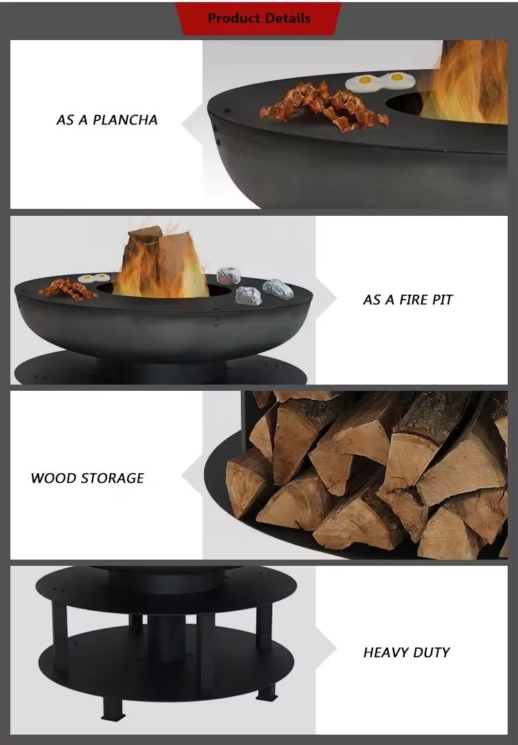 Garden Outdoor Teppanyaki Barbecue Bbq Grill Big Size Fire Pit Multifunctional Firepit with Cooking Ledge and Wood Storage
