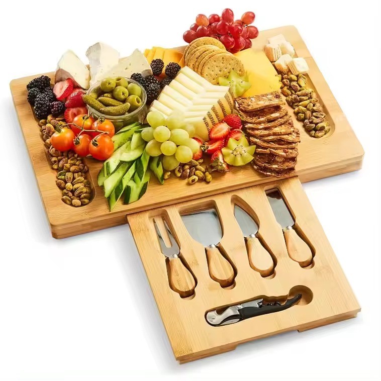 WDF Custom Bamboo Cheese chees cheeses Plate tables charcuteries chacuterie bamboo cheese board with Utensils Set