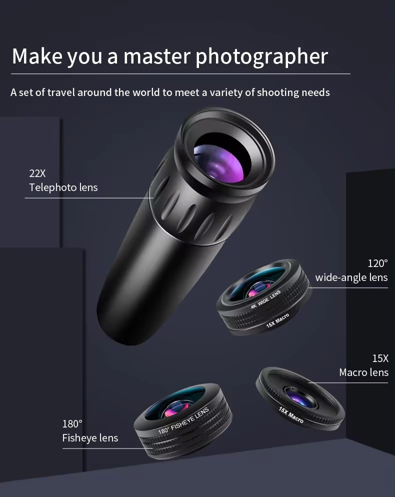 Mobile Phone Telescope Photography Gadgets 22x telescope fisheye wide Angle macro 4 in 1 mobile phone camera lens Kit
