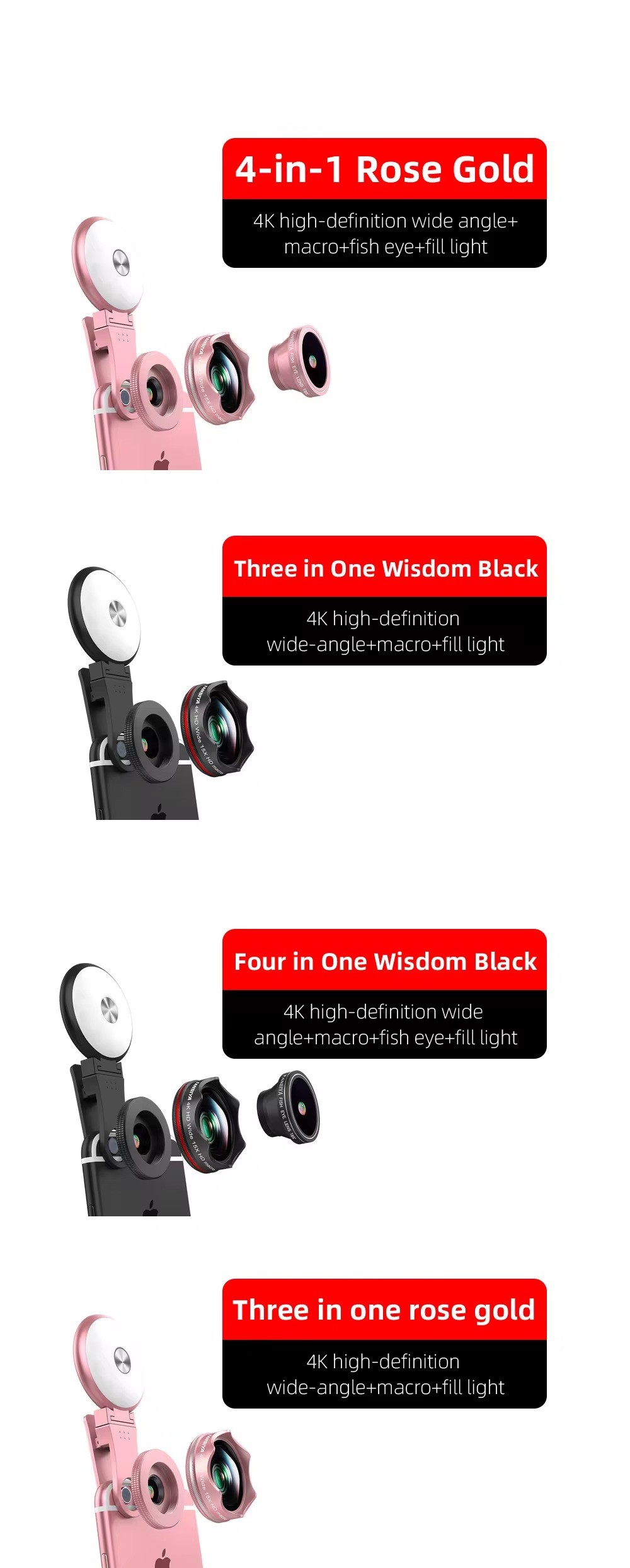 GiAi 4K 4 In 1 Cell Phone Camera Lenses Kit Wide Angle Fisheye Macro Lens With Fill Light For Mobile Phone