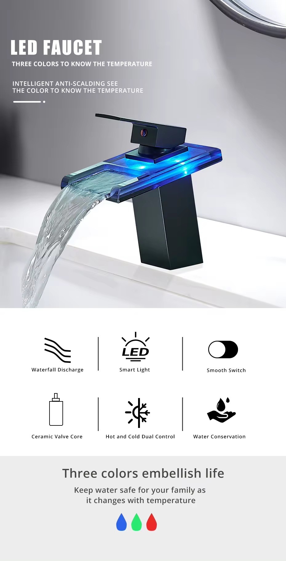 FLG LED Basin Faucet Temperature Colors Change Bathroom Mixer Tap Deck Mounted Wash Sink Taps Hot And Cold Tap Waterfall Faucets