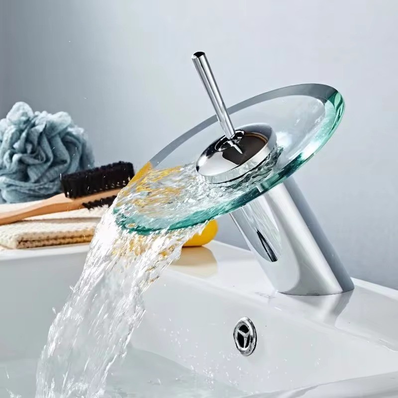 Glass Bathroom Sink Single Lever Chrome Basin Faucet round Waterfall Faucet with Ceramic Valve Core Hot and Cold Mixer Tap