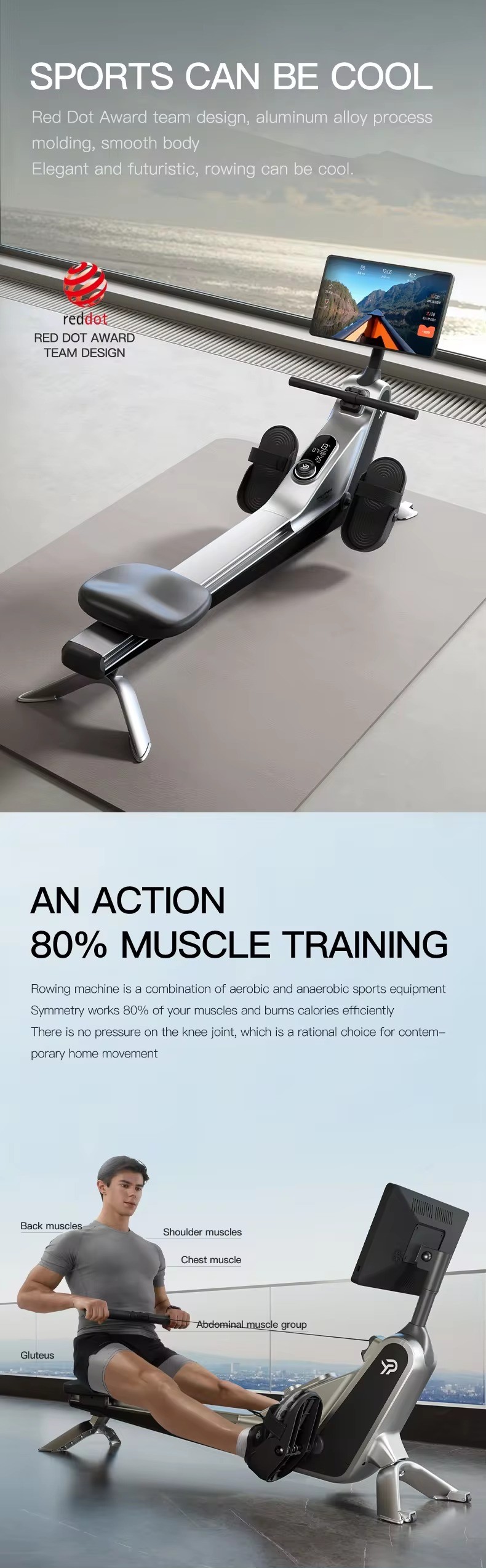 YPOO home Gym Fitness Equipment High Intensity 100 Level Resistance Adjustment Air Rowing Machine smart rower with YPOOFIT APP