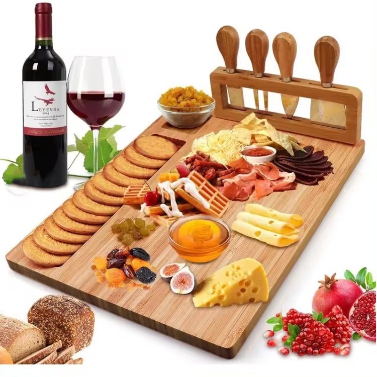 Wholesale Large Wood Eco Friendly Custom Logo Wooden Bamboo Charcuterie Platter And Serving Cheese Board Set With 4 Knife Set