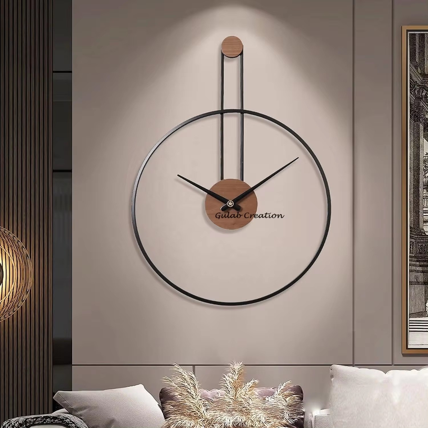 Large Decorative Black Metal and Wood Wall Clock for Living Room