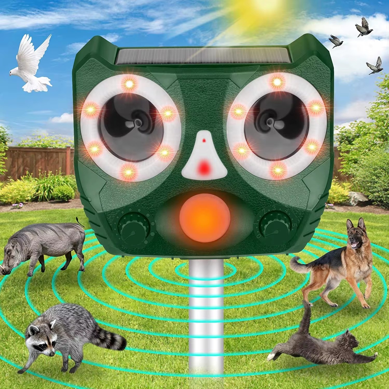SAIJZEK Top sale Outdoor rechargeable solar Ultrasonic Pest Repeller Animal Control Repeller Squirrels Bird Repeller