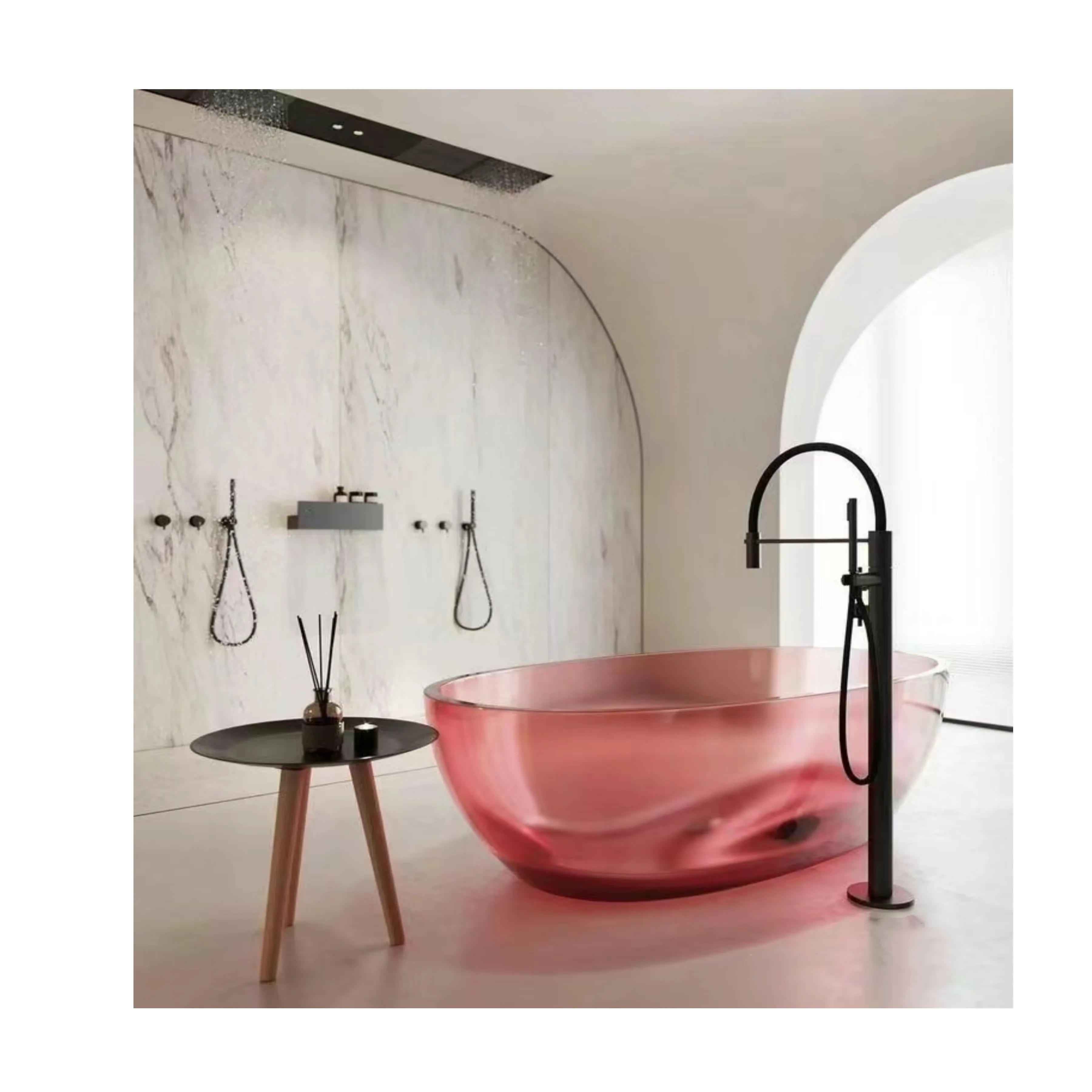 Orea Modern Colored Resin Stone Cast Clear Acrylic Bath Tub Transparent Pink Overflow Freestanding Bathtub For Sale