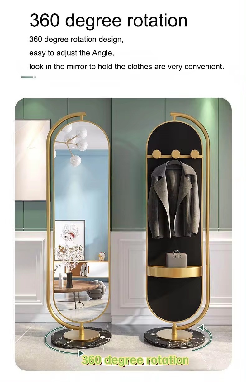 Household Luxury Rotatable Oval Gold Metal Framed Floor Length Standing Mirror With Storage For Bedroom Dressing Room