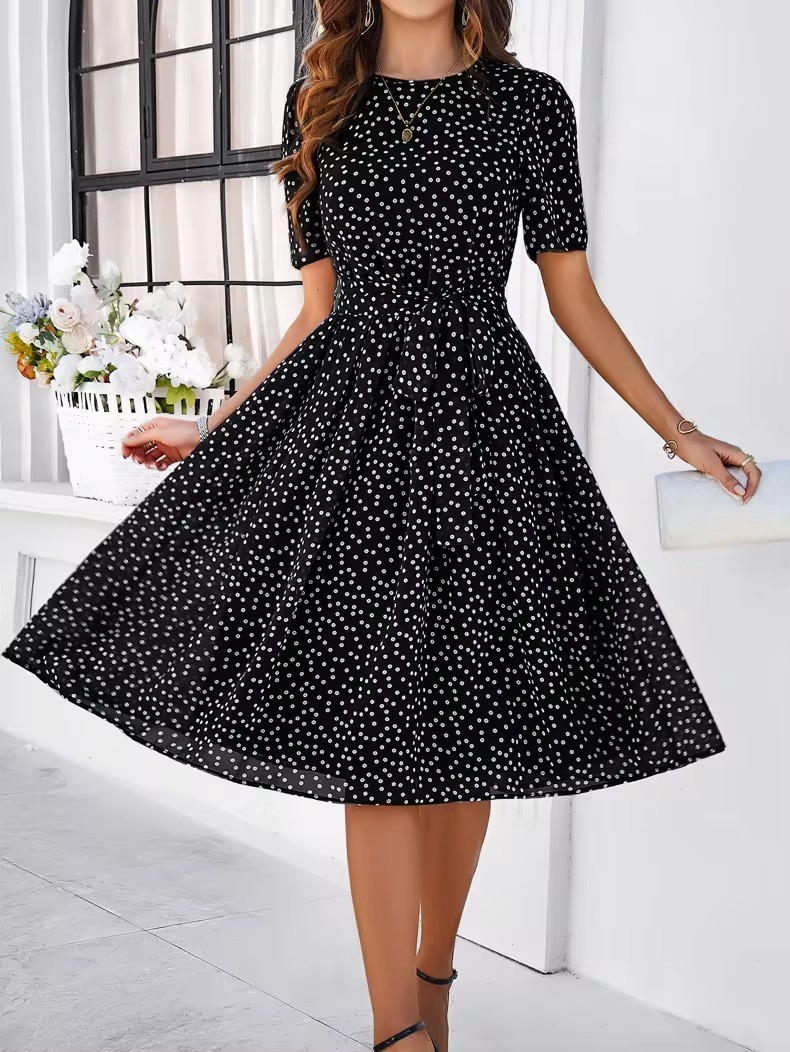 New Arrival Summer Polka Dot Chiffon Dress 2024 Short Sleeve Casual Midi Dress Women