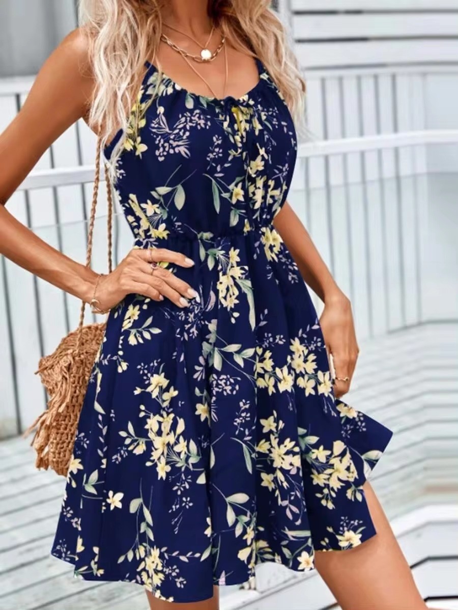 New Summer Sleeveless Floral Dress Printed Simple Flavor Women's Flare Loose Dress Vintage Dress