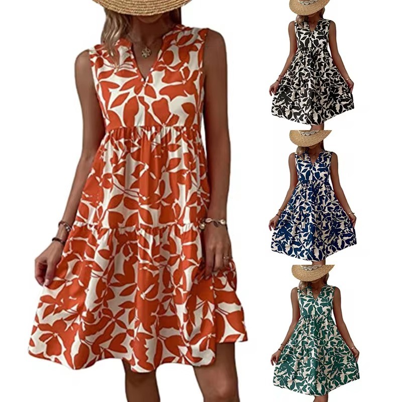 Wholesale High Quality Low Waist Sleeveless V Neck Floral Dresses Women Flower Print Sexy Short Dress