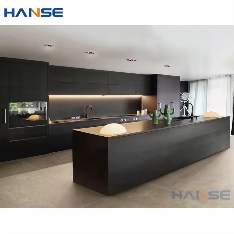 Custom wooden cupboard cabinetry set design ready to assemble modern lacquer black matt finish wood kitchen cabinets for home