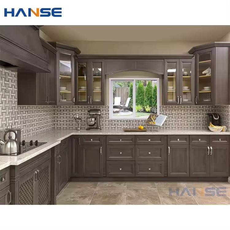 Modern grey color laminated hdf wooden cabinet furniture designs pre assembled classic ash solid wood kitchen cabinets set
