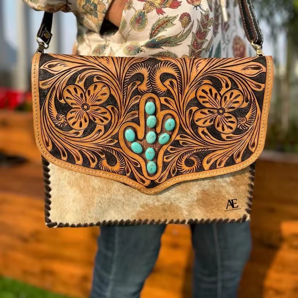 New Western Style Handcrafted Tooled Hair On Hide Fur Leather Fringe Shoulder Bag Boho Style Carved Leather Turquoise Stone Bags