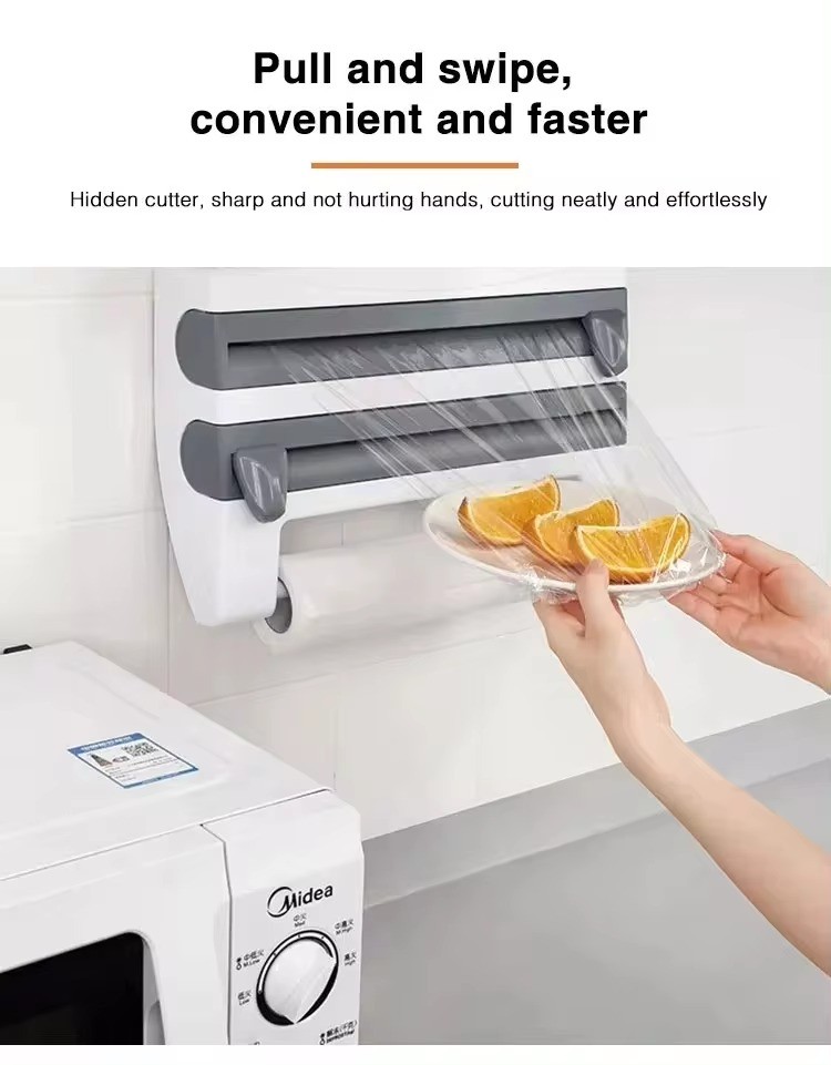 4 in1 Paper Hanger Cling Film Storage Rack Film Roll Holder Cutter Wall Mounted Plastic Kitchen Towel Foil Dispenser Cling
