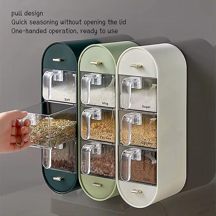 Kitchen 5 Compartment Seasoning Storage Boxes Set Plastic Seasoning Box Set Wall-Mounted Spice Box
