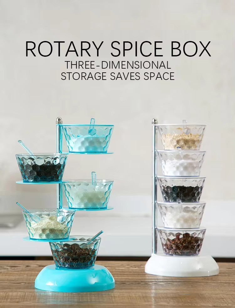 Hot Product Kitchen Accessories Seasoning Jar With Spoon 5 Layers Plastic Condiment Storage Jar Rotating Seasoning Box
