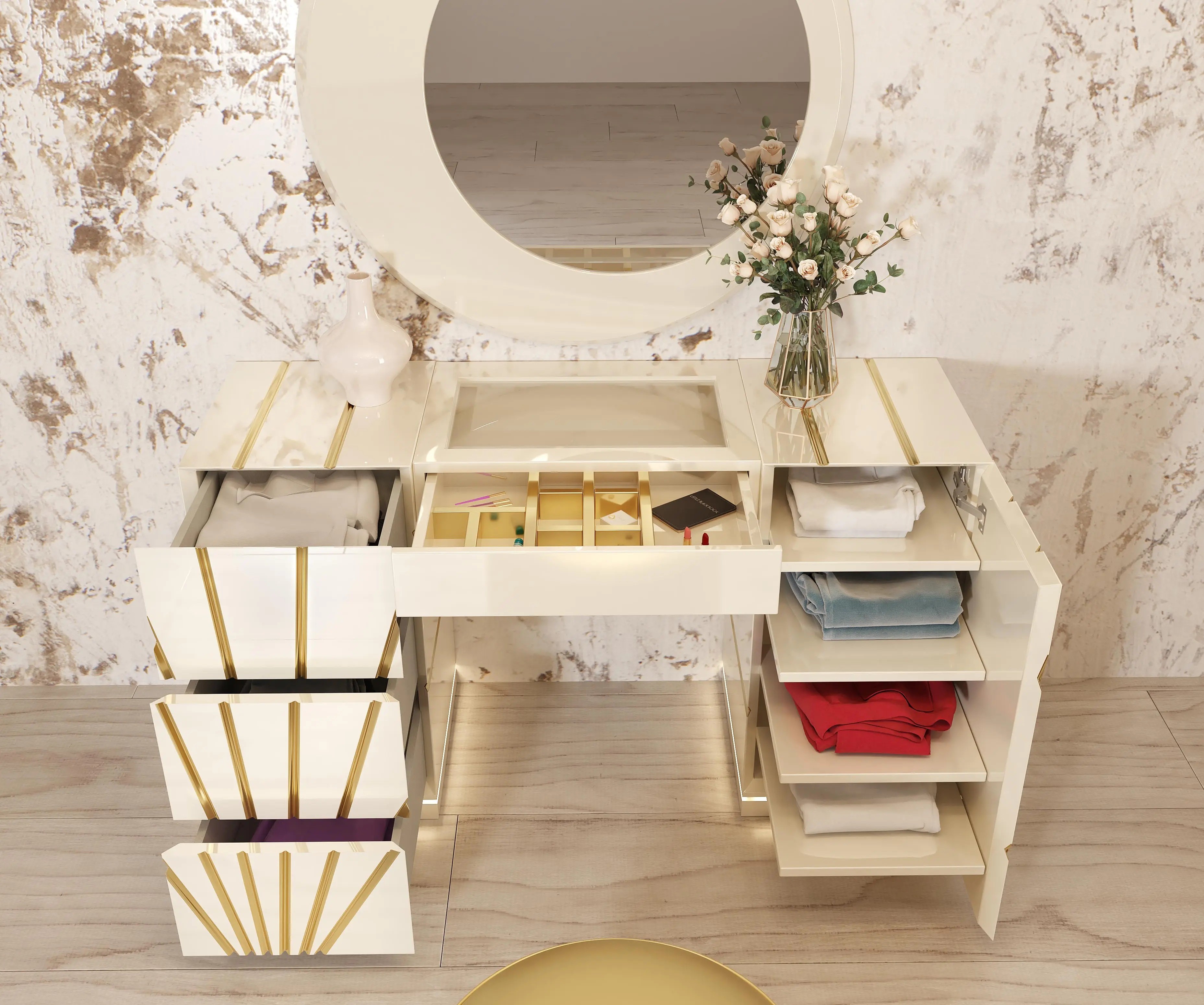 Elegant White and Gold High Gloss Makeup Vanity Set Light Makeup Desk with Mirror and Stool Dressing Drawers for Bedroom Use