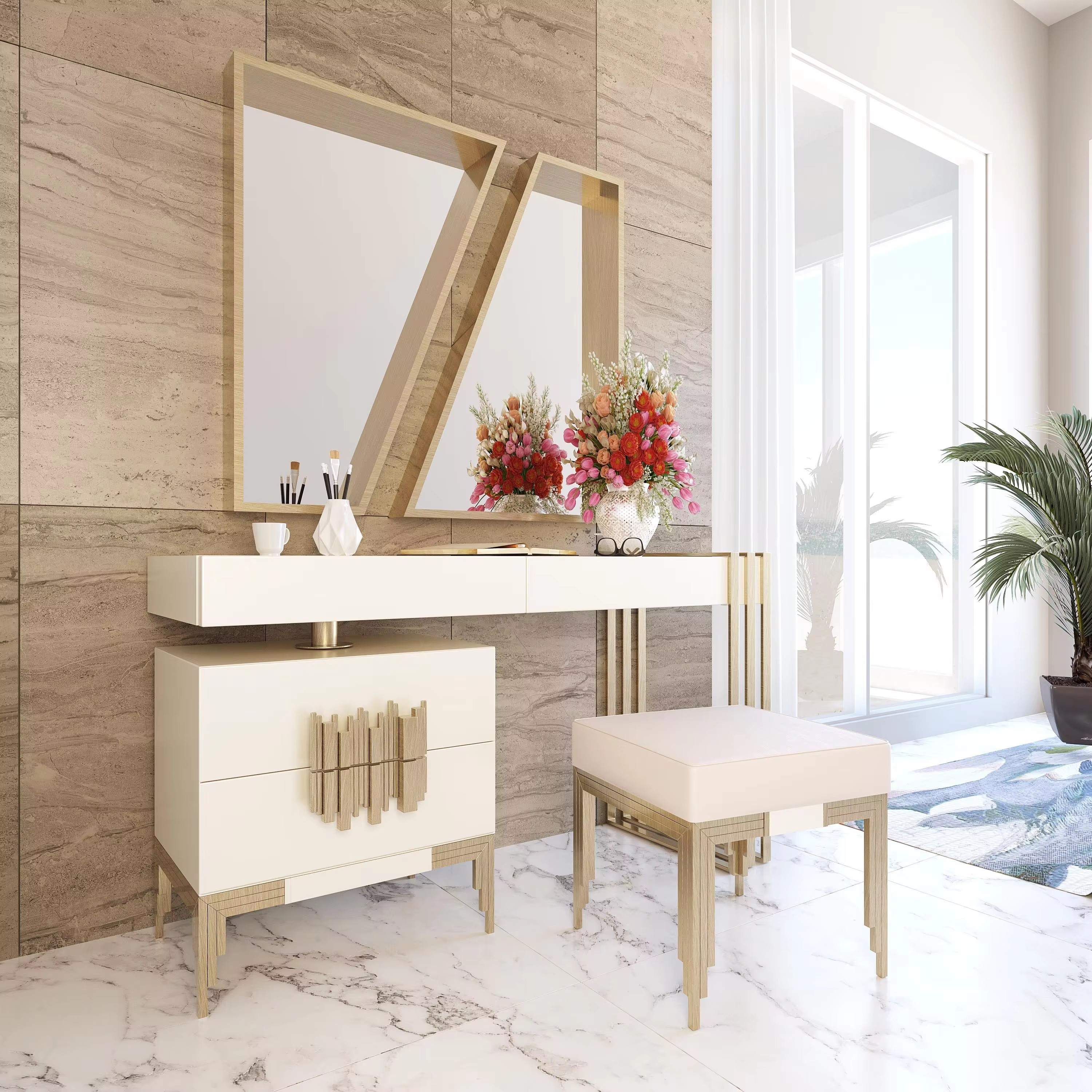 Luxury Cream and Gold Makeup Vanity Set with Mirror and Stool Light Makeup Desk with Drawers for Bedroom