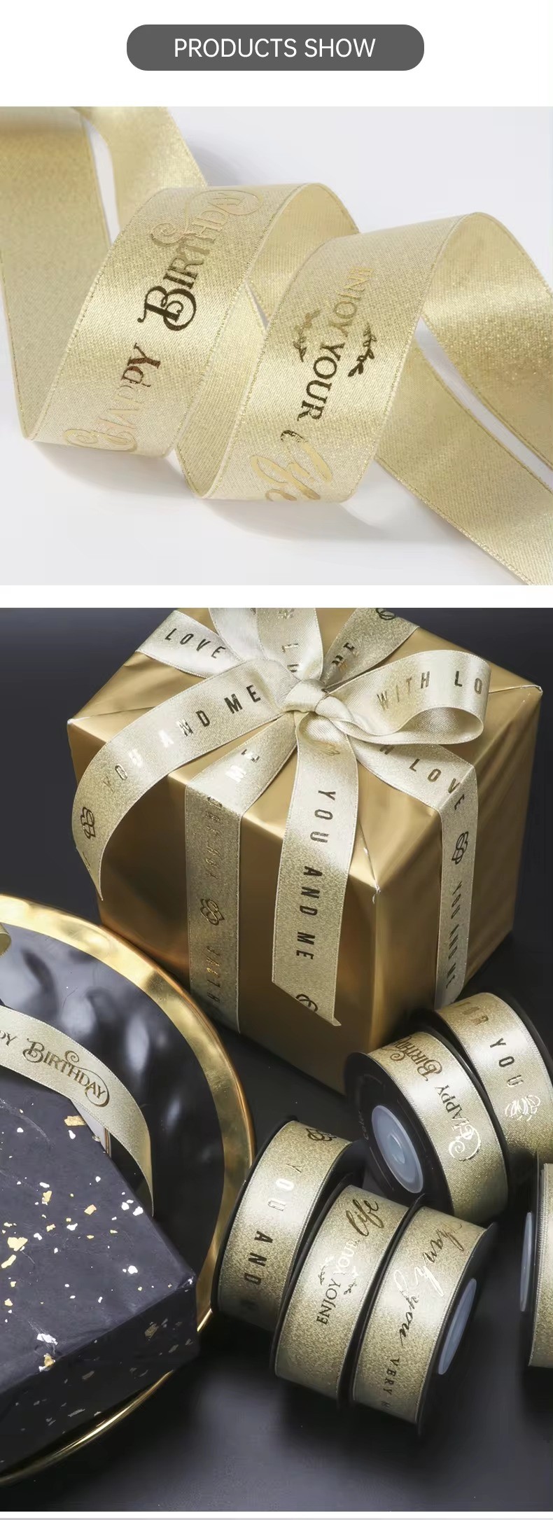 Ribest Gold Purl Gilding Ribbon Printing Logo Just For You Roll Satin Party Home Wedding Decora