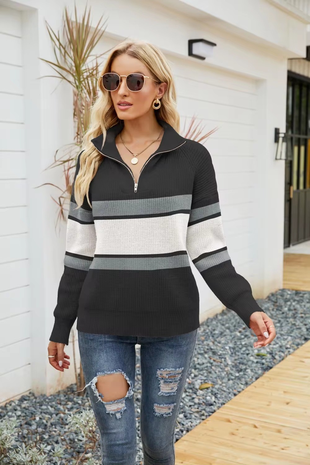 OEM Custom Fashion Knitwear Polyester Zipper Neck Women's Sweater