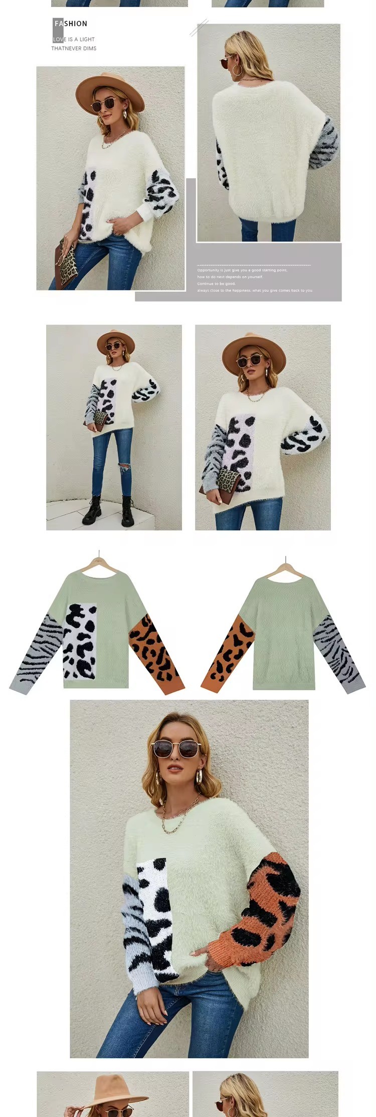 Custom Jacquard Knit Women Sweater Splice Leopard Printing O-neck Casual Pullover Sweaters Long Sleeve