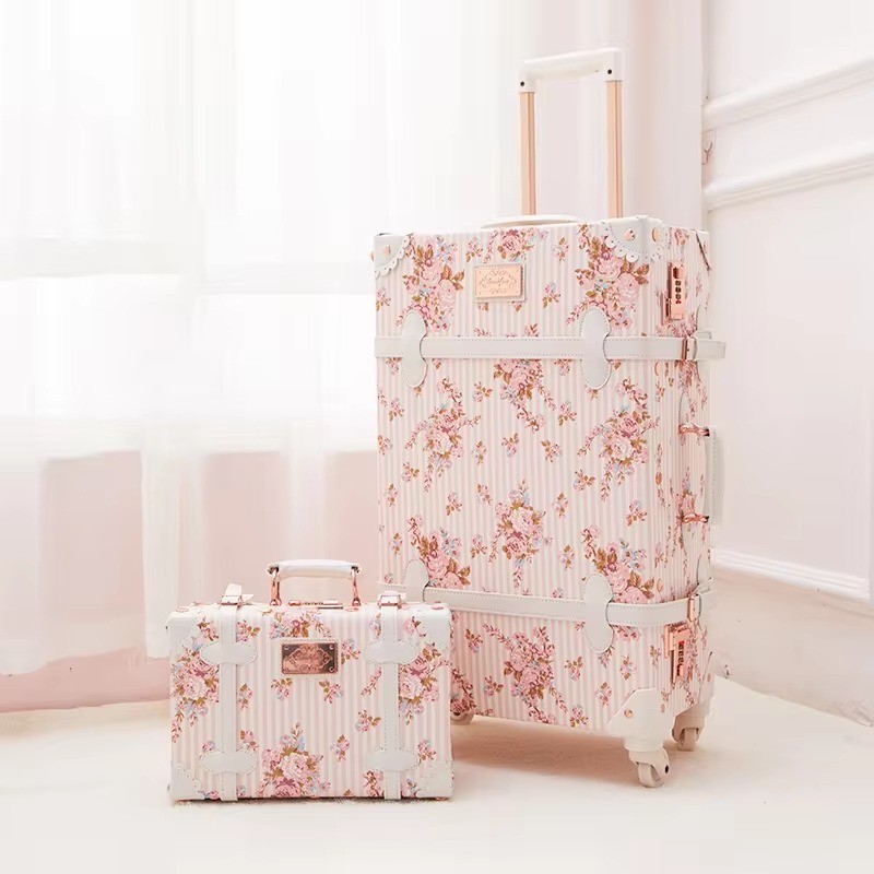 Woman Pink Light Spinner Wheeled Traveling Bag Trolley Retro Luxury Suitcase Vintage Luggage Set