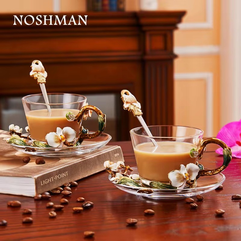 Noshman unique personalized clear reusable glass tea cups & saucers coffee cup set