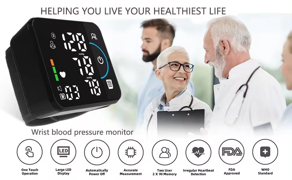 2023 New Design Wrist Type Blood Pressure Monitor Led Digital Dual User Experience Mode Bluetooth APP Function