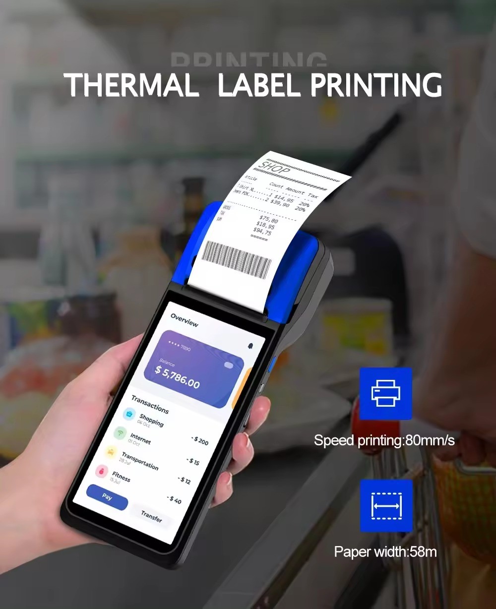 NB55-5.5 android 13 3+16gb pos terminal with nfc card reader 5.5 Inch caisse enregistreuse Handheld pos built in 58mm printer