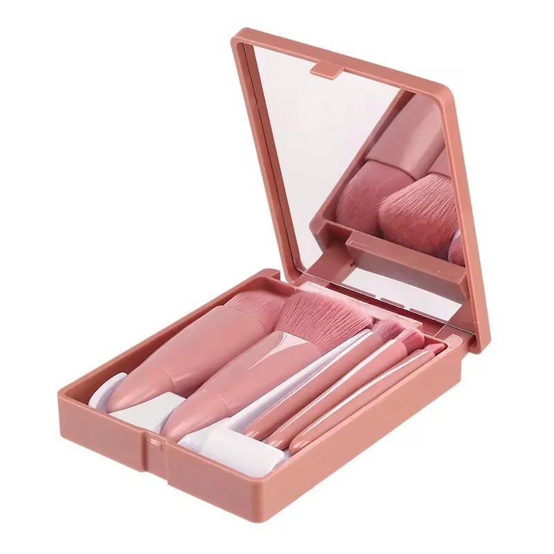 New 5 in 1 Makeup Brushes Travel Kit Mini Pink Portable Travel Makeup Brush Set With Mirror