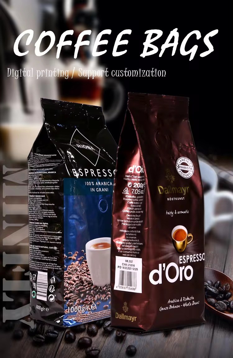 Minfly Digital 100g 250g 500g Eco Matte Resealable Ziplock Mylar Stand Up Zipper Value Pouch Roasted Coffee Bean Package Bags