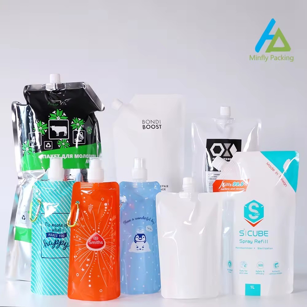 Minfly Digital Printing Custom Plastic Stand Up Filling Liquid 30ml 200ml 250ml Milk Juice Shampoo Beverage Sealing Spout Bags