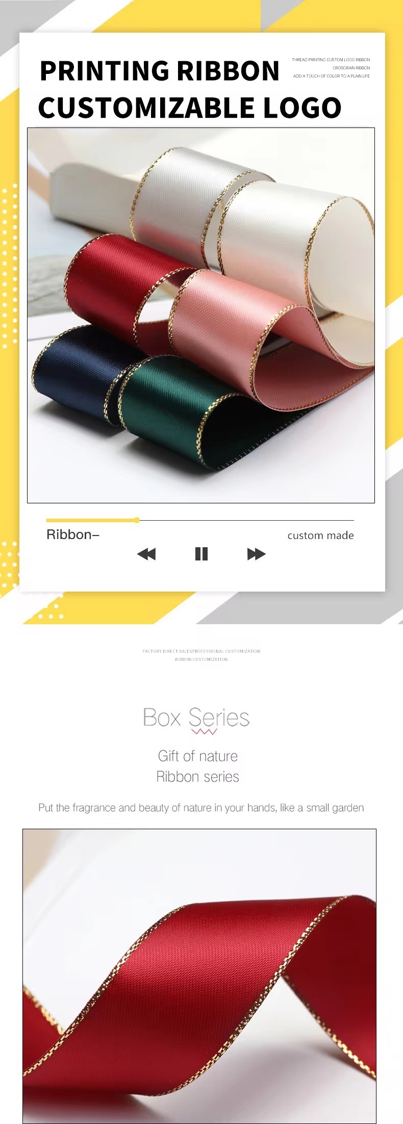 High Quality Polyester Double face Satin Ribbon with double gold edge