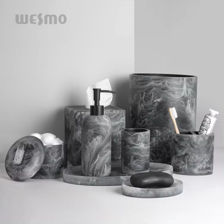 New Design Black and white lnk -injected resin collection Modern bathroom soap dish marble effect resin bathroom accessories set