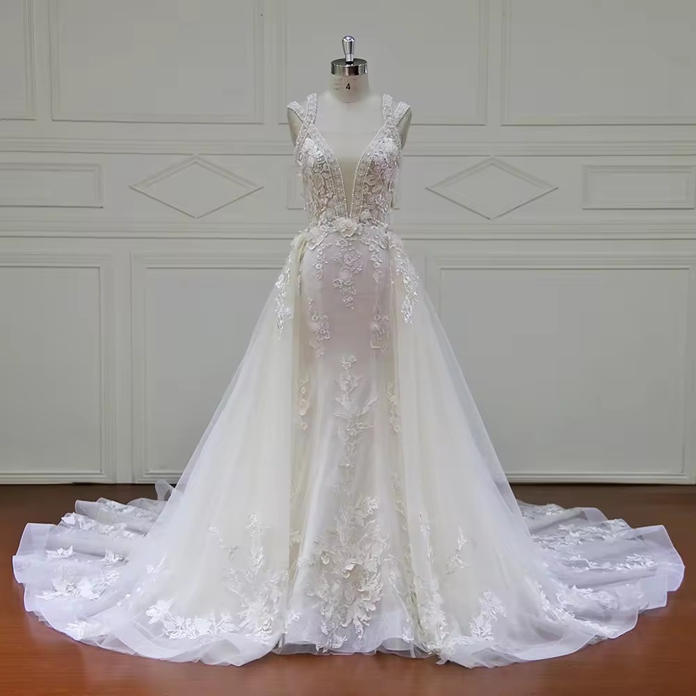XF17011 Hot Sell Elegant Illusion V Neck Sleeveless Mermaid Dress With Detachable Train 3D beaded Lace Wedding Gown