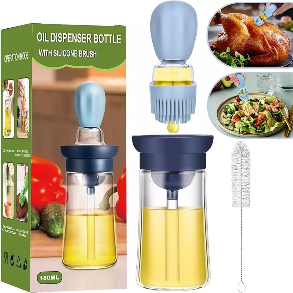 Kitchen Glass Olive Oil Dispenser Bottle With Silicone Brush 2 In 1 Silicone Dropper Measuring Oil Dispenser Bottle BBQ Tools